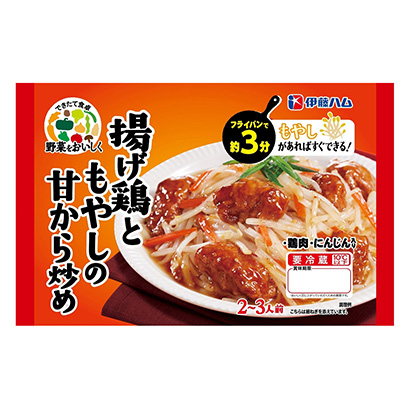 美味地将蔬菜从炸鸡和豆芽的甜味中炒出来伊藤火腿烹饪品包装设计(图1)